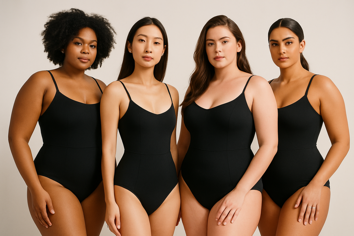 Groupe de femmes de morphologies différentes de couleus diffrenetes portant un body noir a bretelle fin avec ventre plat taille marqué et posant avec assurance. Fond clair,